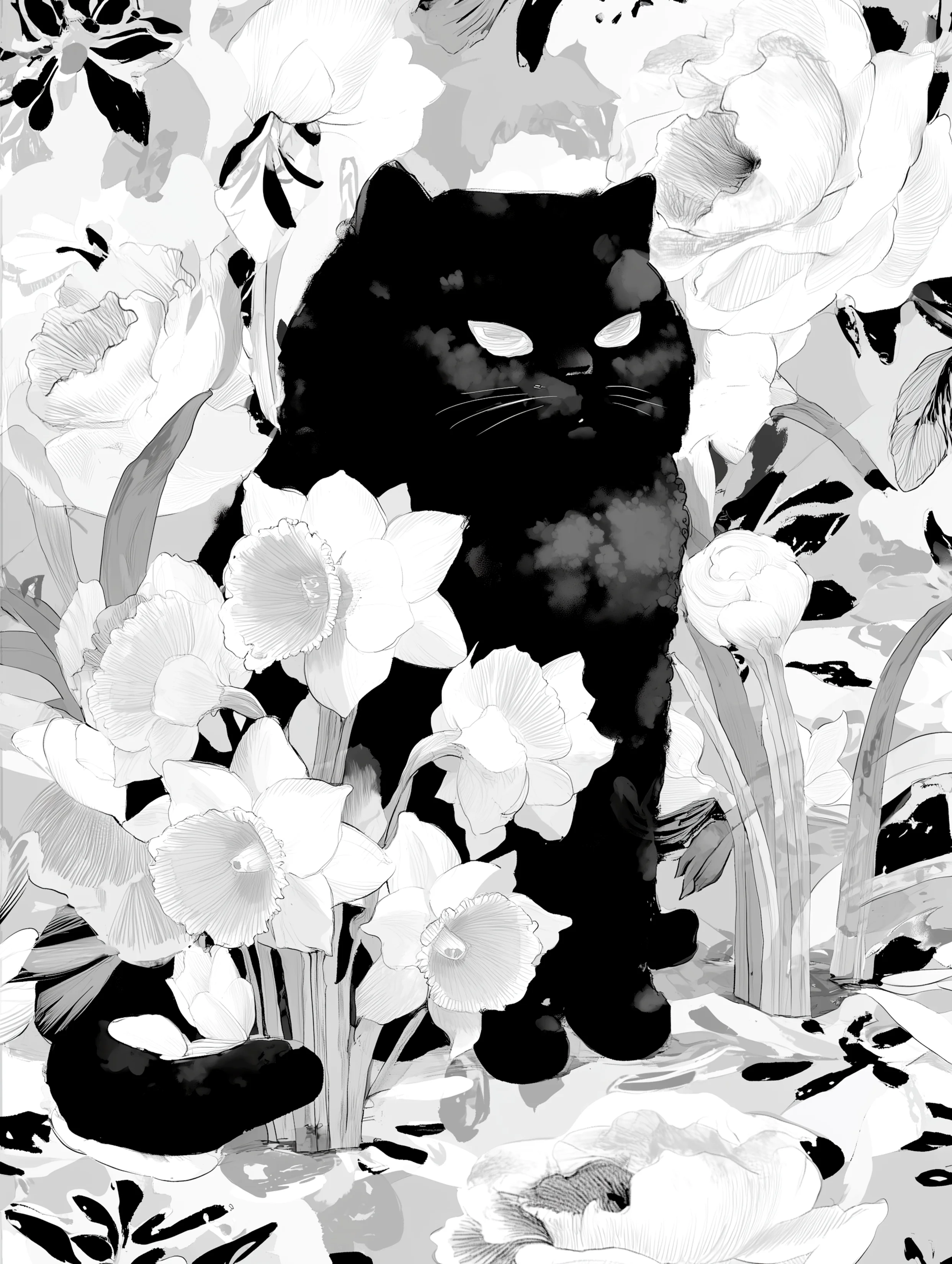 Free printable black cat coloring page for adults featuring suspecious fat black cat